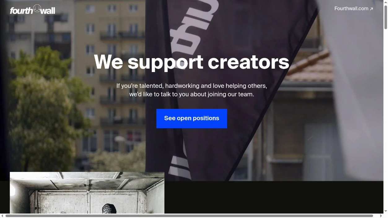 Fourthwall’s careers homepage, with its logo, a team video background, and a link to open positions.