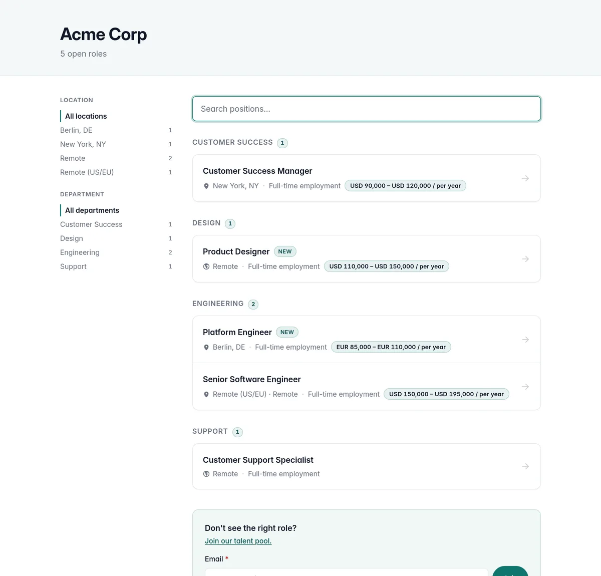 Portal de empleo alojado de Kit para Acme, con la identidad visual de la empresa, un buscador de empleo y las vacantes.