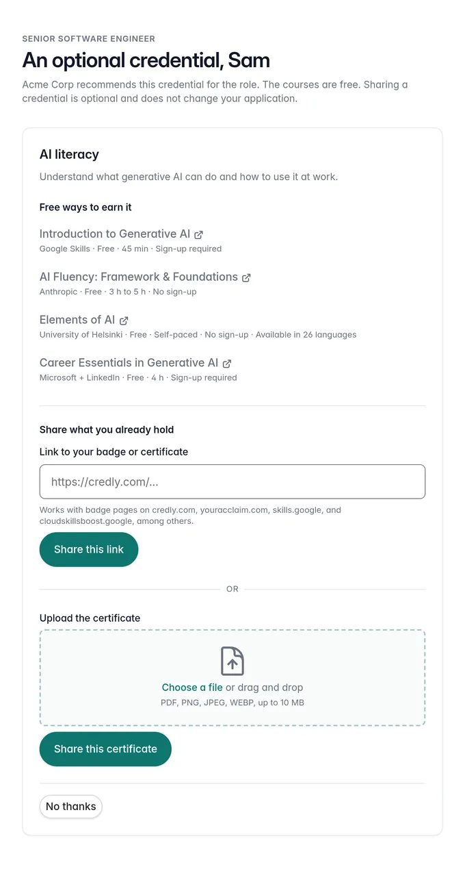 The page a candidate opens, showing the recommended credential, four free courses with their length and language, a field for a badge link, an upload area for a certificate, and a “No thanks” button