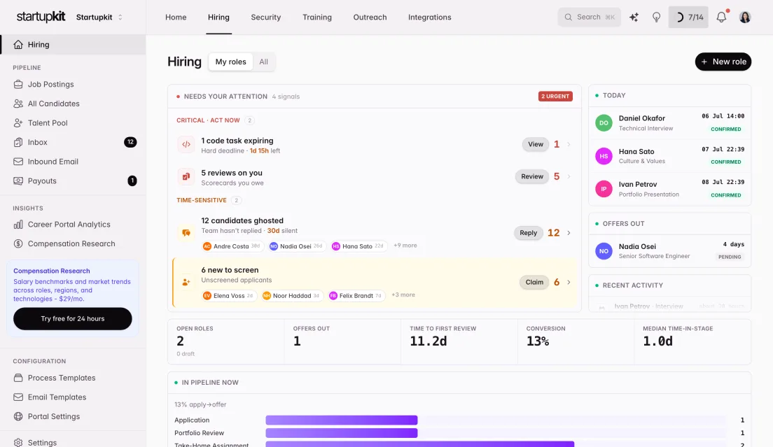 Hiring pipeline with candidate kanban stages and applications