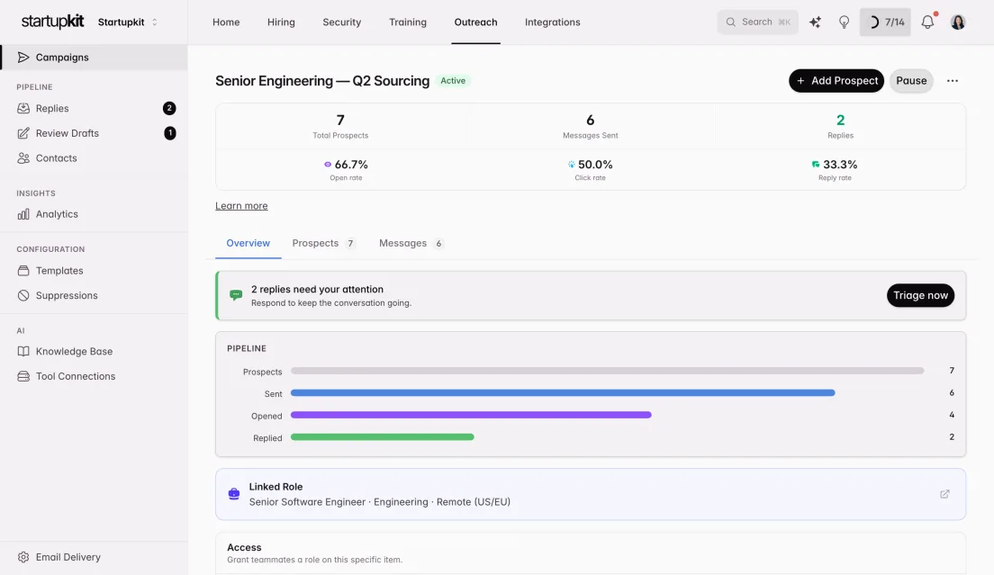 Outreach campaigns with prospect research and AI-drafted emails