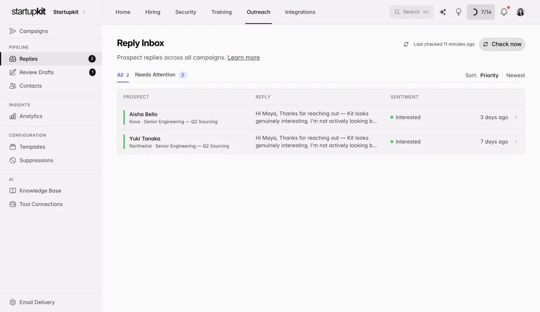 Reply inbox with AI-classified sentiment for each prospect response