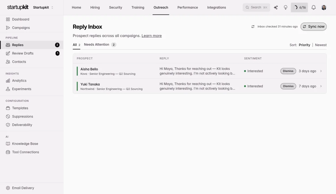 Kit outreach reply inbox: prospect replies across every campaign, priority-ordered, each tagged with a detected sentiment such as Interested.