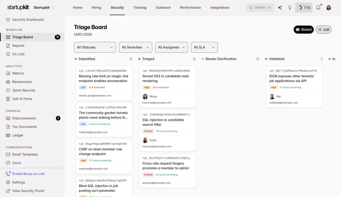 Triage board with vulnerability reports in columns by status