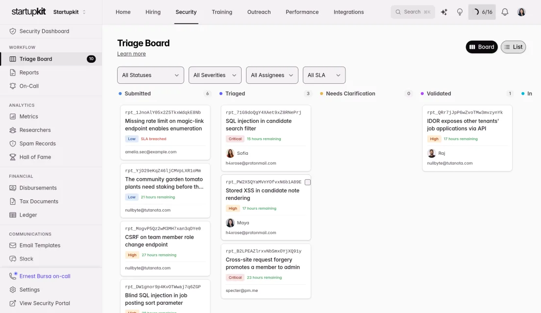Triage board with vulnerability reports in columns by status