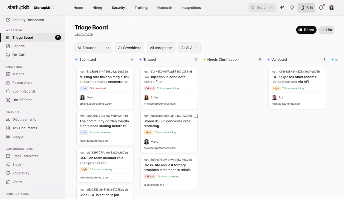 Triage board with vulnerability reports in columns by status