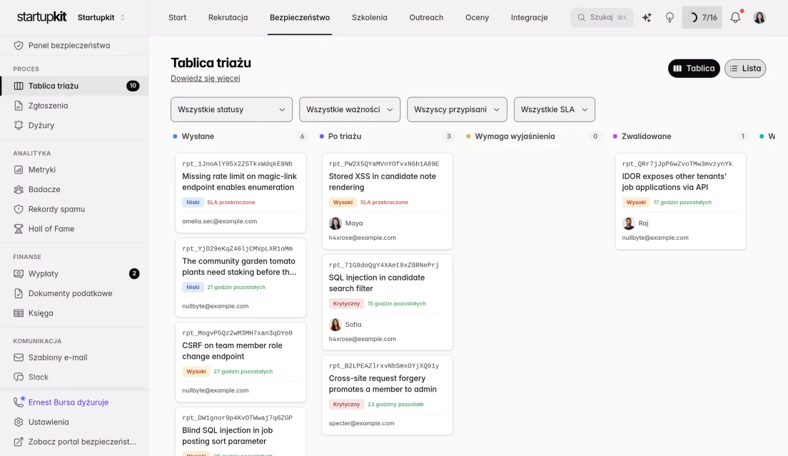 Tablica triażu ze zgłoszeniami podatności w kolumnach według statusu