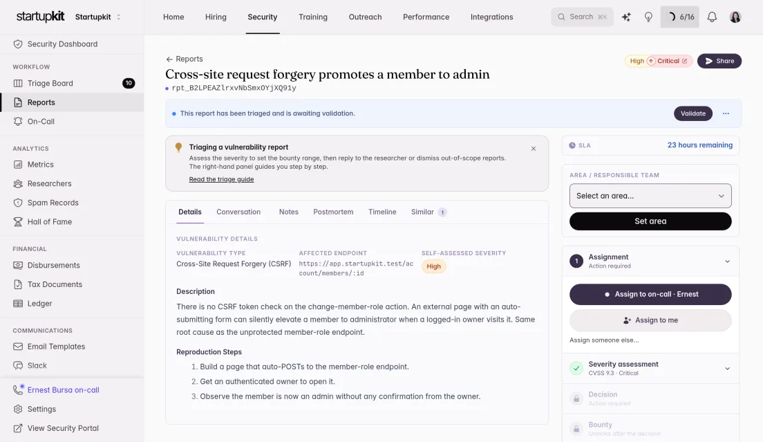 Kit security report view: a stored XSS report awaiting validation with 17 hours remaining on its SLA, a researcher appeal to accept or reject, a possible duplicate, and the triage checklist.