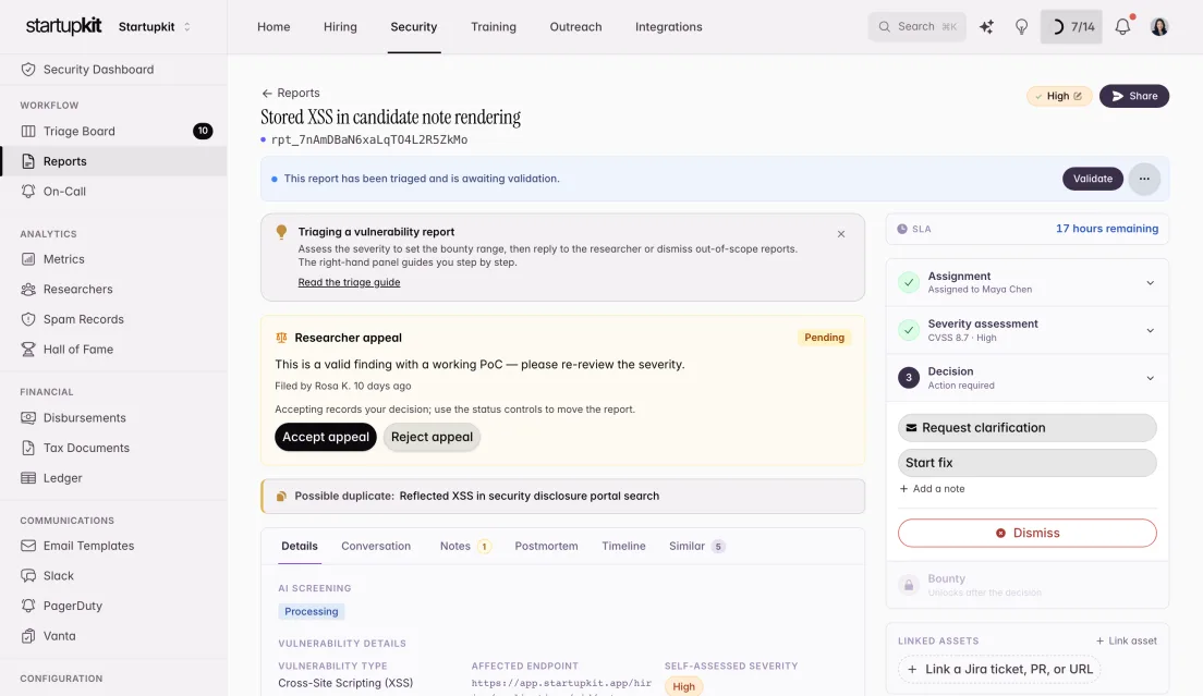 Vulnerability report detail with severity assessment and researcher appeal