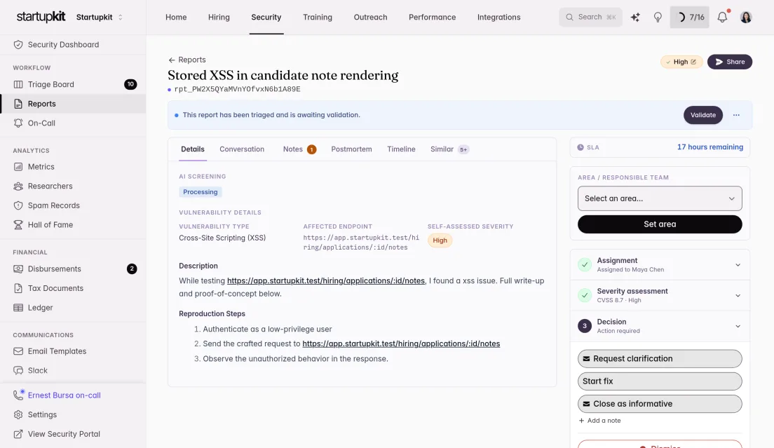 Kit security report view: a stored XSS report awaiting validation with 17 hours remaining on its SLA, a researcher appeal to accept or reject, a possible duplicate, and the triage checklist.