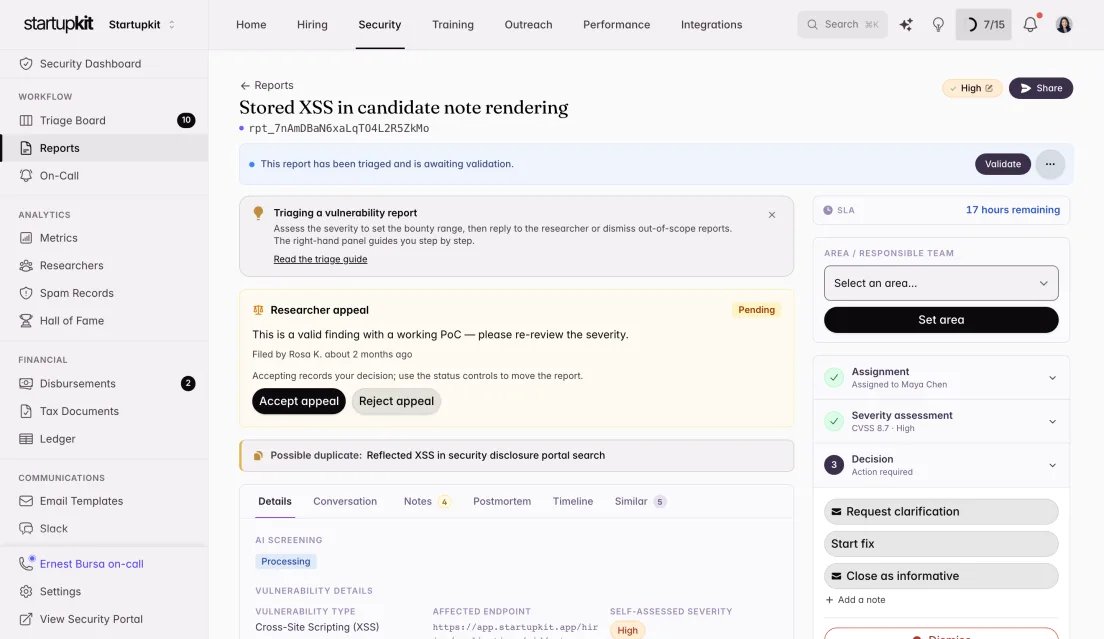 Kit security report view: a stored XSS report awaiting validation with 17 hours remaining on its SLA, a researcher appeal to accept or reject, a possible duplicate, and the triage checklist.