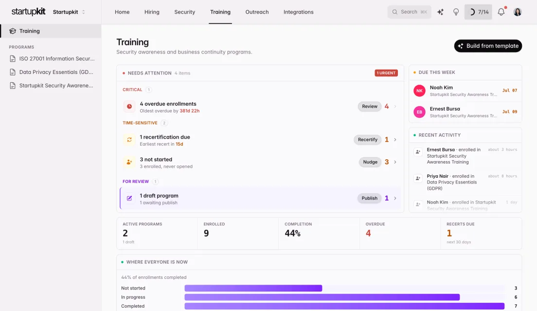 Security training portal with course enrollments and completion tracking