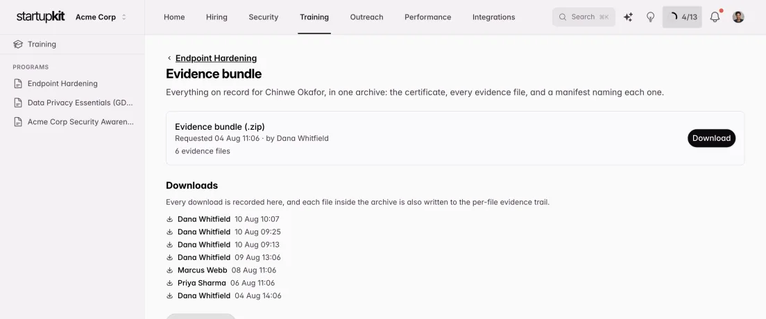 Evidence bundle page for one participant's completed training, showing the generated evidence archive and a log of every person who downloaded it, each with a date and time