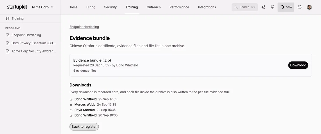 Evidence bundle page for one participant's completed training, showing the generated evidence archive and a log of every person who downloaded it, each with a date and time