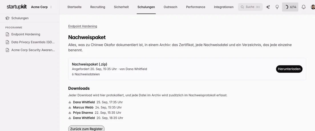 Seite mit dem Nachweispaket zum abgeschlossenen Training eines Teilnehmers: das erzeugte Archiv und ein Protokoll aller Personen, die es heruntergeladen haben, jeweils mit Datum und Uhrzeit