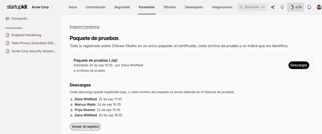 Página del paquete de pruebas de la formación completada de un participante, con el archivo comprimido generado y un historial de todas las personas que lo han descargado, cada una con fecha y hora