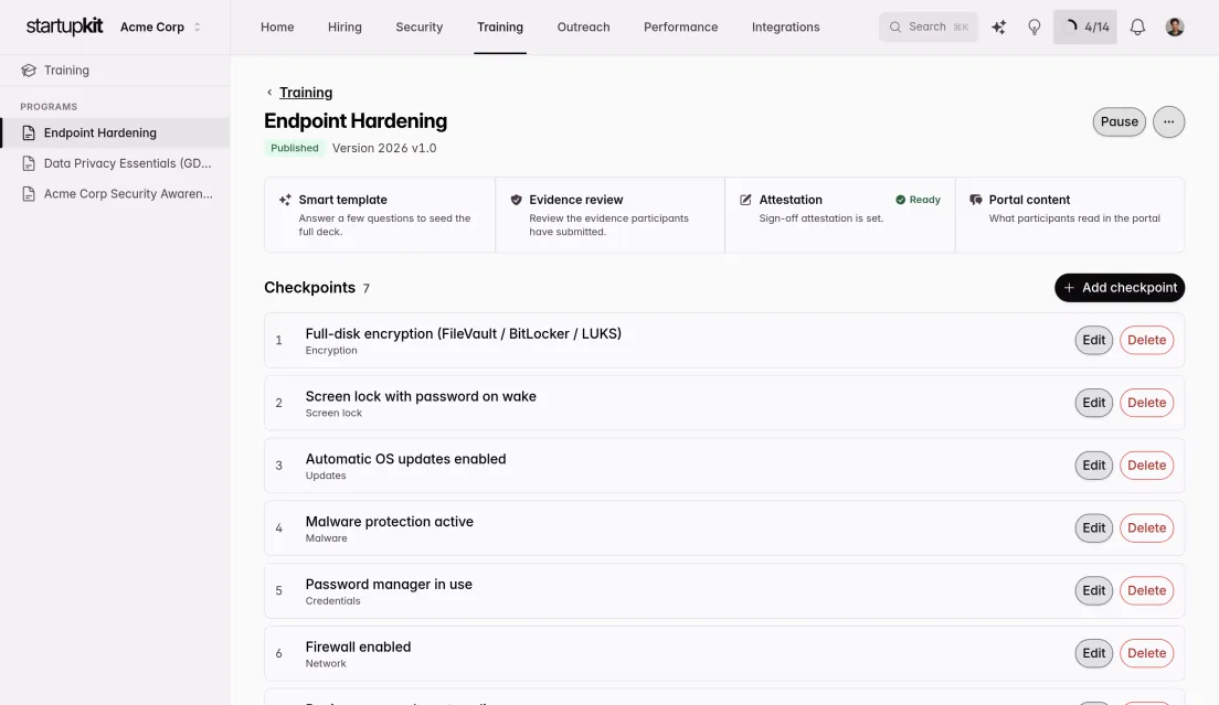 Program editor showing the deck outline and security checkpoints of a training program before publishing