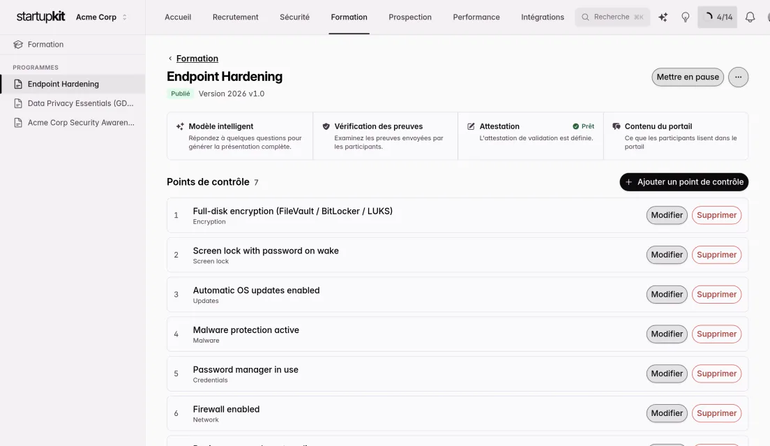 Éditeur de programme affichant le plan du support et les points de contrôle de sécurité d'un programme de formation avant publication
