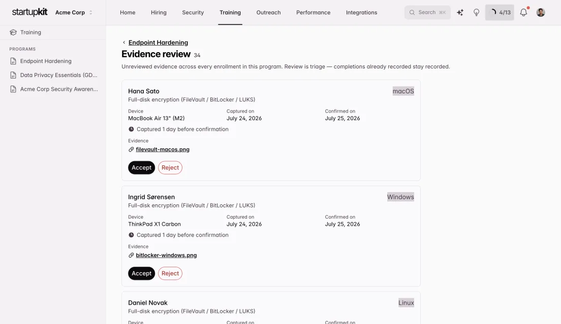 Review queue of submitted evidence screenshots, each row awaiting staff approval or rejection