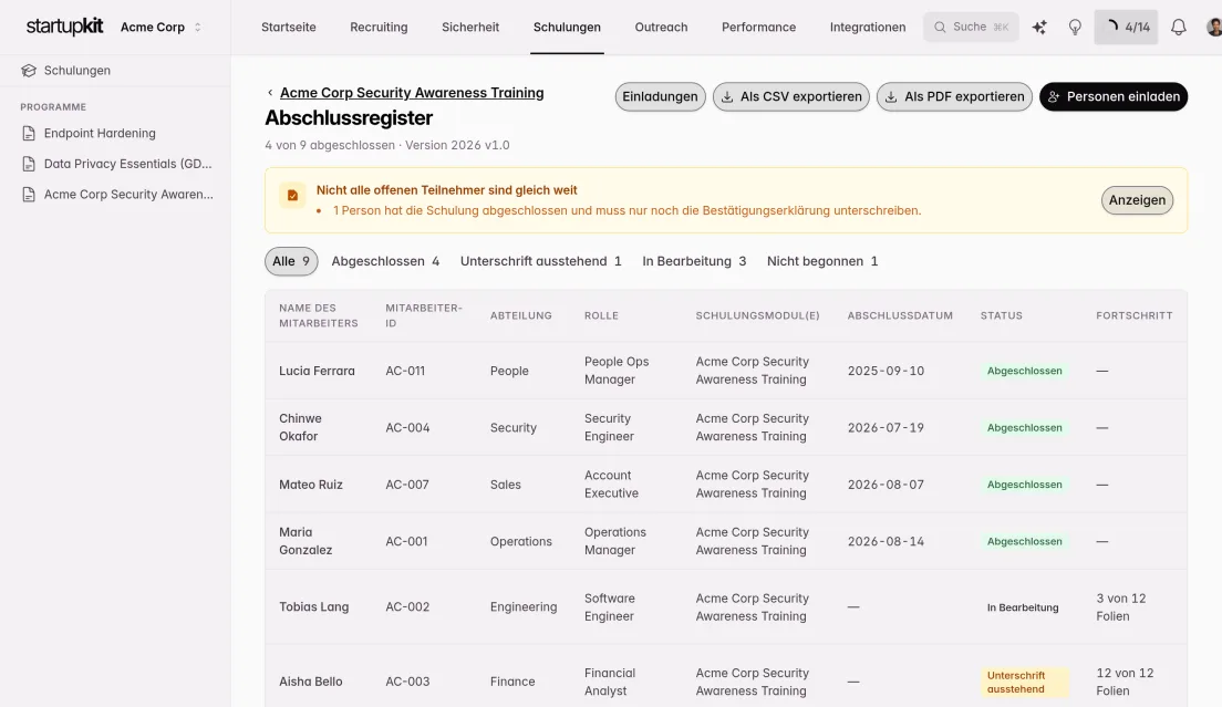 Kit-Abschlussregister für Schulungen: vier von neun Abschlüssen in Version 2026 v1.0, eine Zeile pro Person mit Personalnummer, Abteilung, Rolle und Abschlussdatum, dazu Export als CSV und PDF.