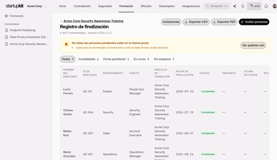Registro de finalización de la formación en Kit: cuatro de nueve completadas en la versión 2026 v1.0, una fila por persona con número de empleado, departamento, puesto y fecha de finalización, con exportación a CSV y PDF.