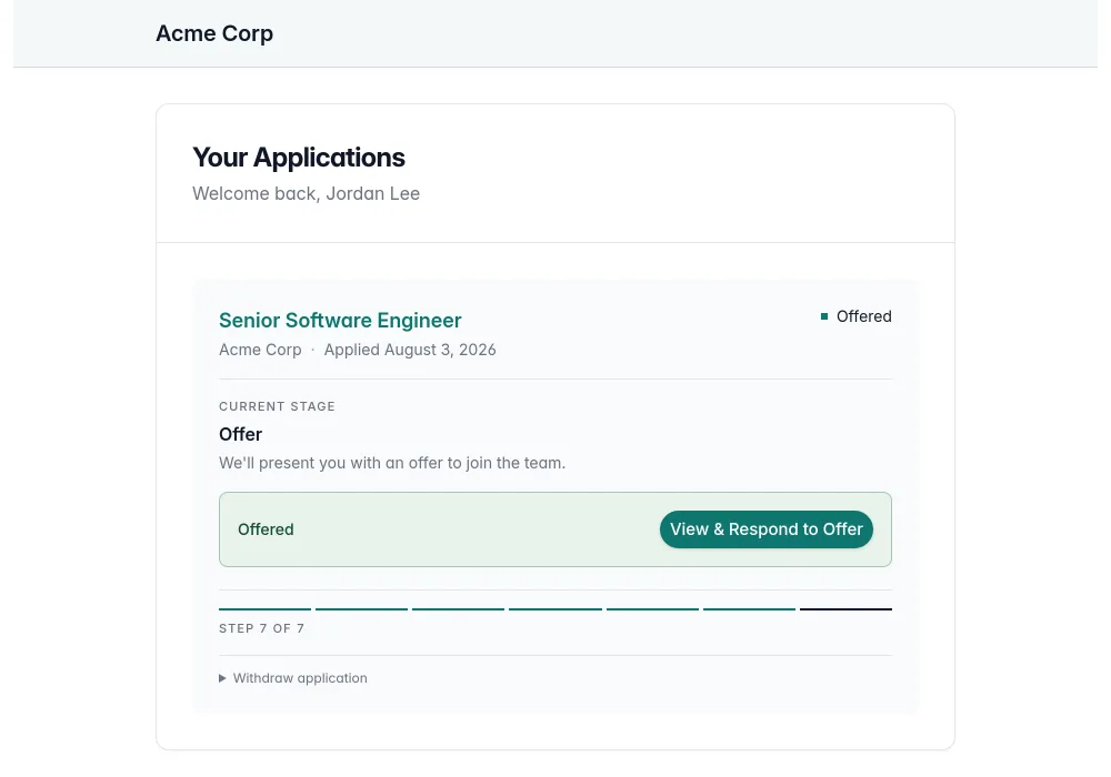 Kit candidate portal: Jordan Lee's Senior Software Engineer application sitting at the Offer stage, with a View and respond to offer button, reached from one link.