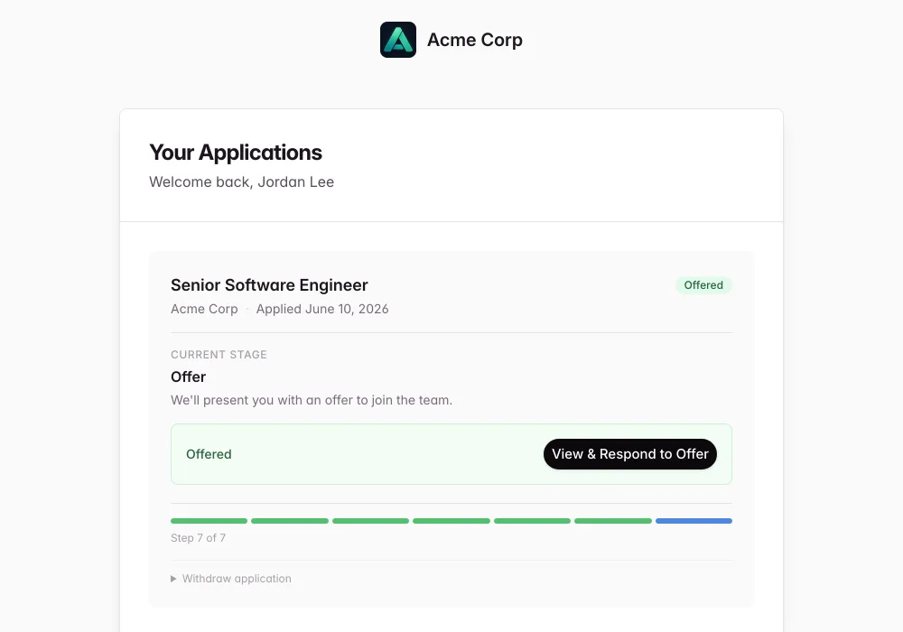 Candidate portal opened from a magic link, showing application status and upcoming stages