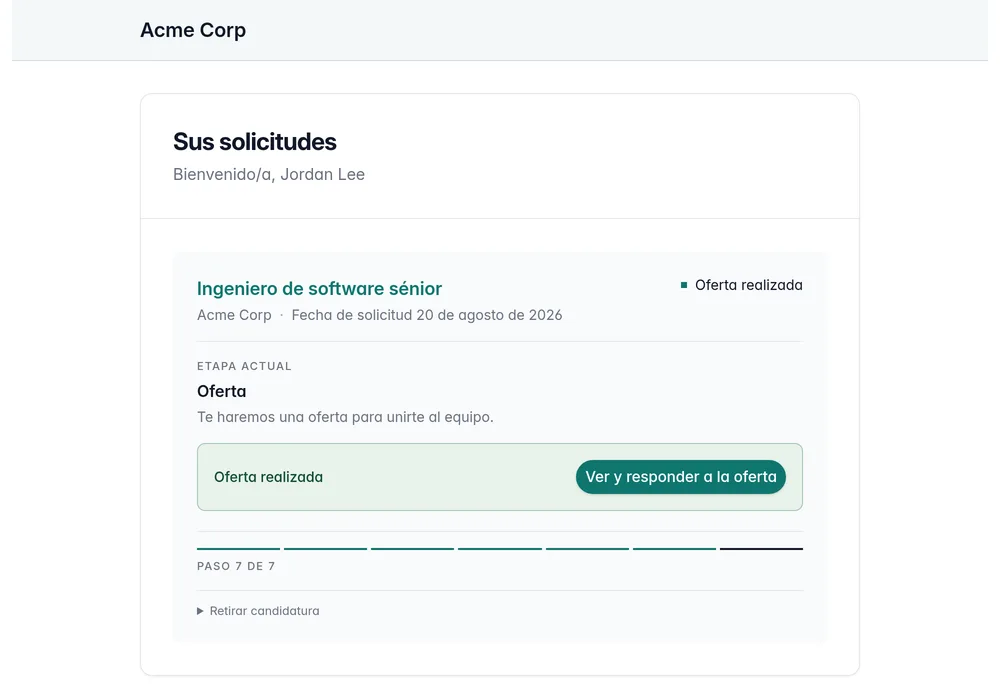 El portal del candidato muestra una oferta lista para revisar