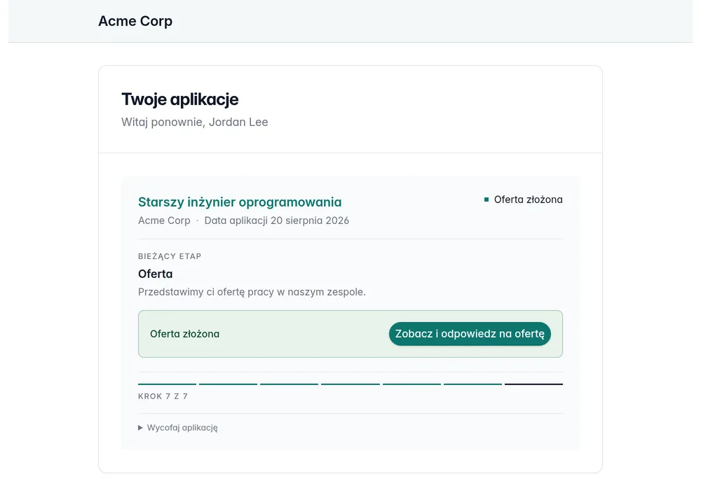 Portal kandydata z przebiegiem zgłoszenia i bieżącym etapem rekrutacji.