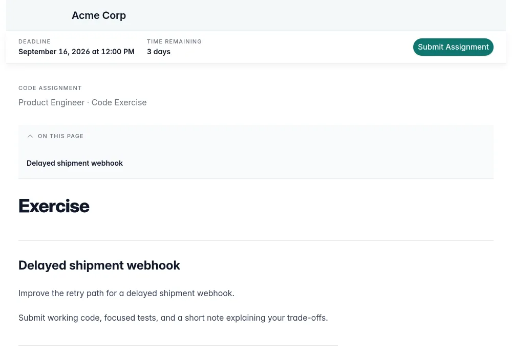 A private coding assignment with a brief, GitHub repository, and deadline