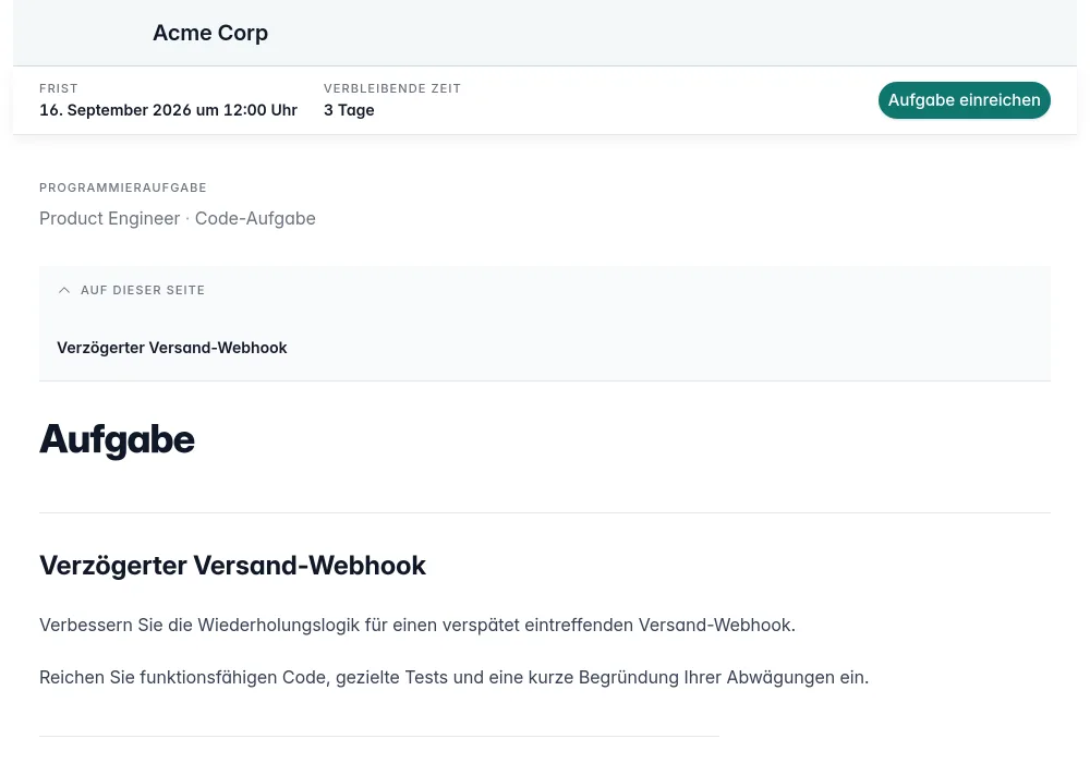 Eine private Code-Aufgabe mit Aufgabenbeschreibung, GitHub-Repository und Frist