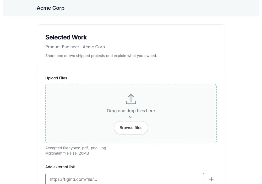 A candidate adding portfolio links and work files