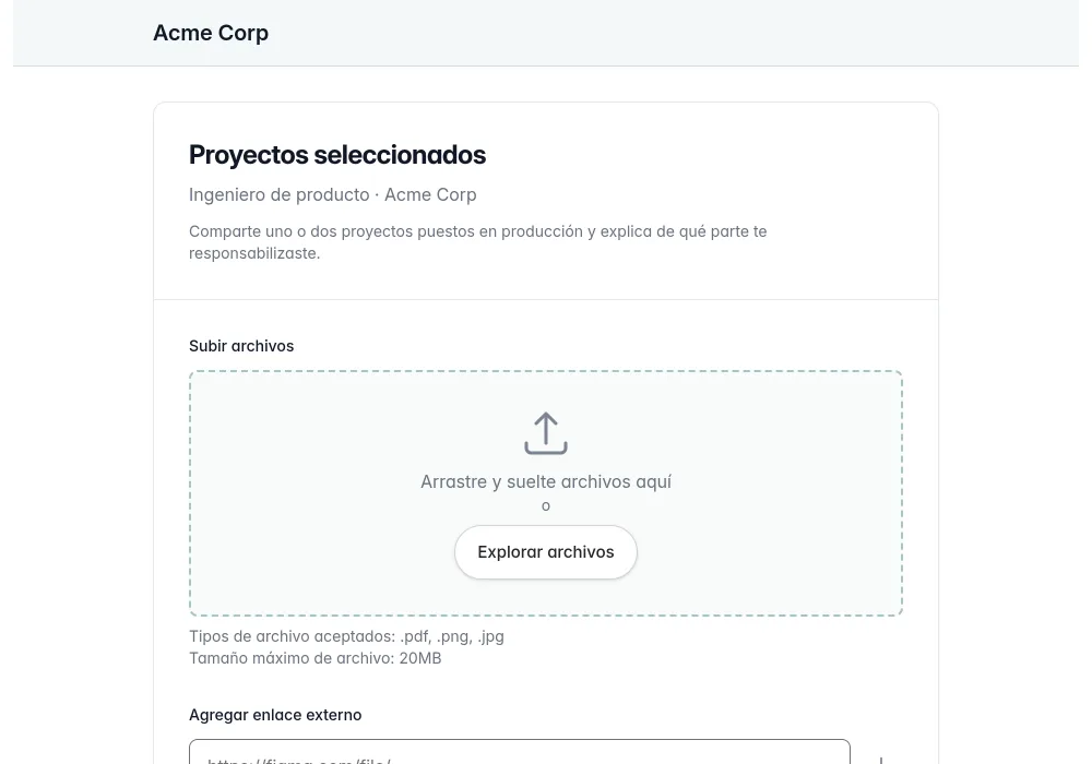 Un candidato añade archivos de trabajo y enlaces a su portafolio