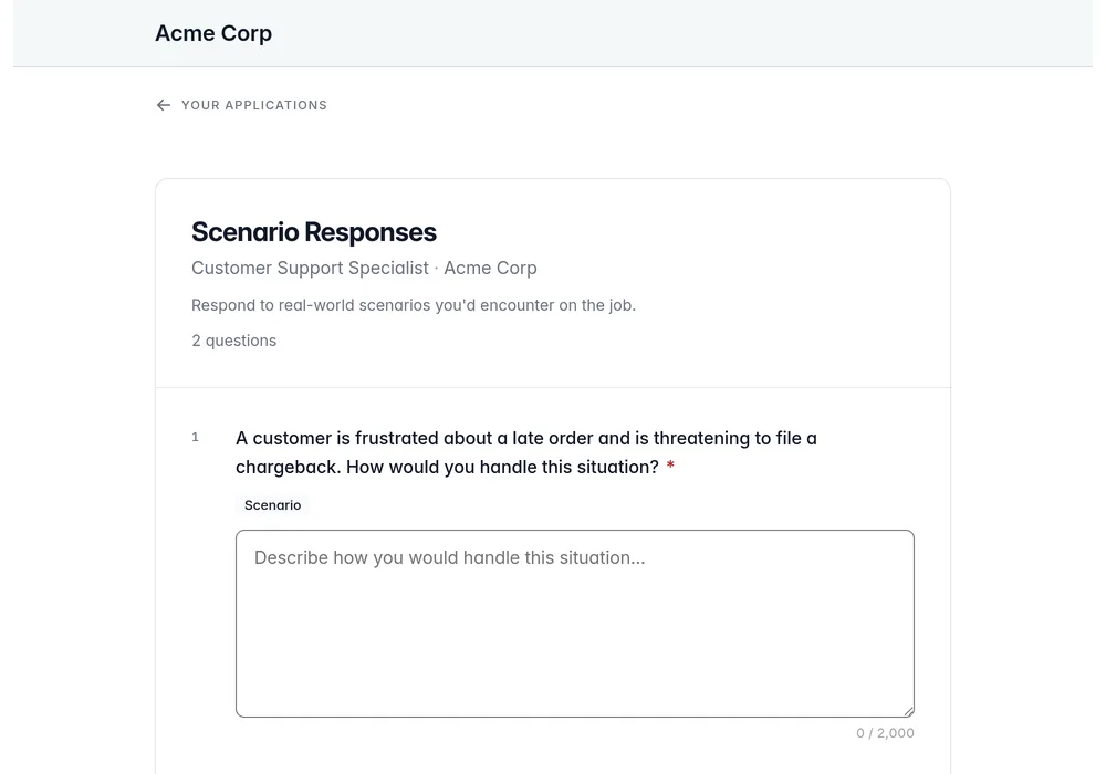 Candidate portal showing a role-specific questionnaire and response fields.