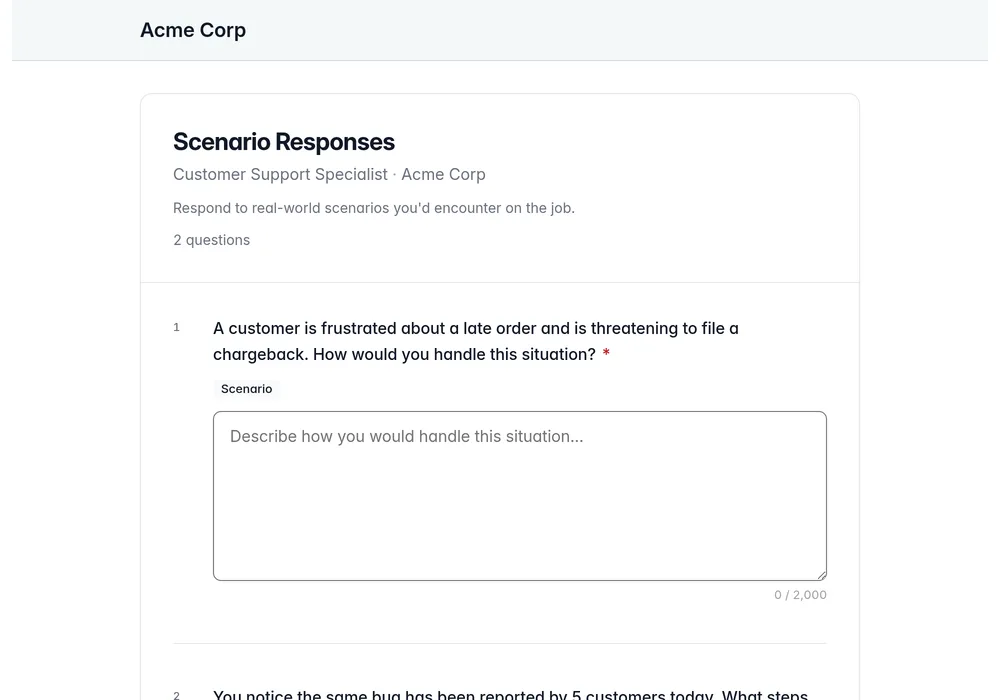 A candidate answering a role-specific questionnaire in the portal