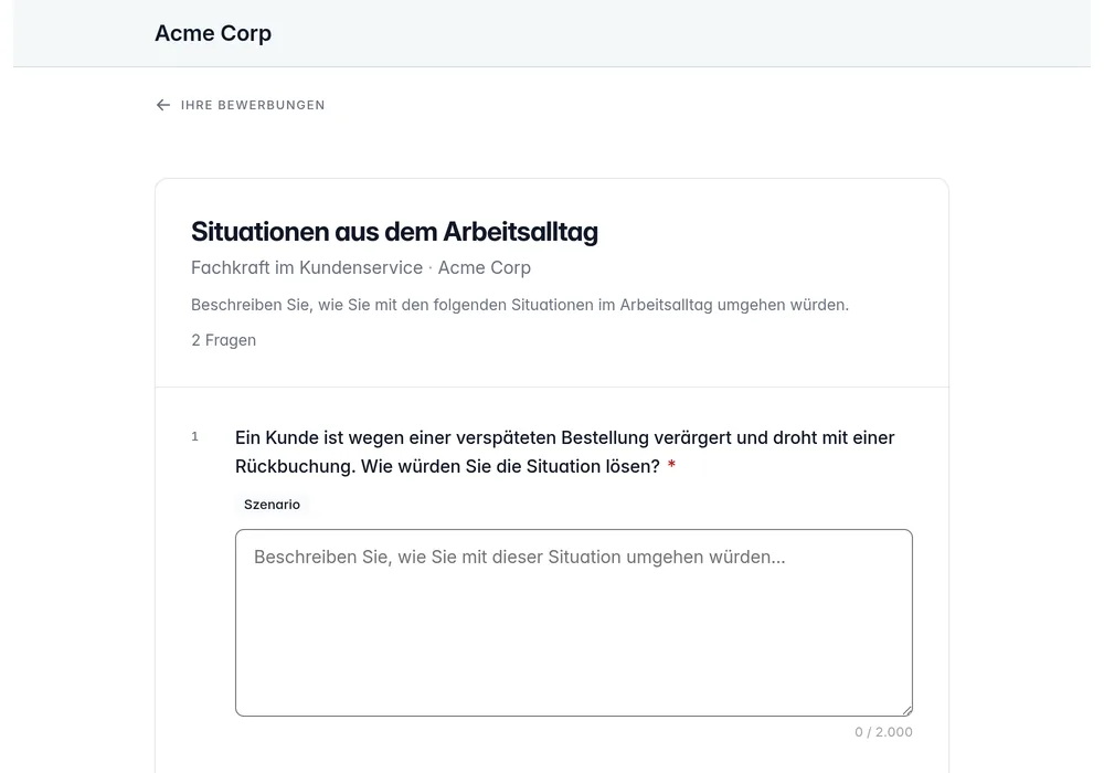 Kandidatenportal mit einem Fragebogen für die Stelle und den zugehörigen Antwortfeldern.