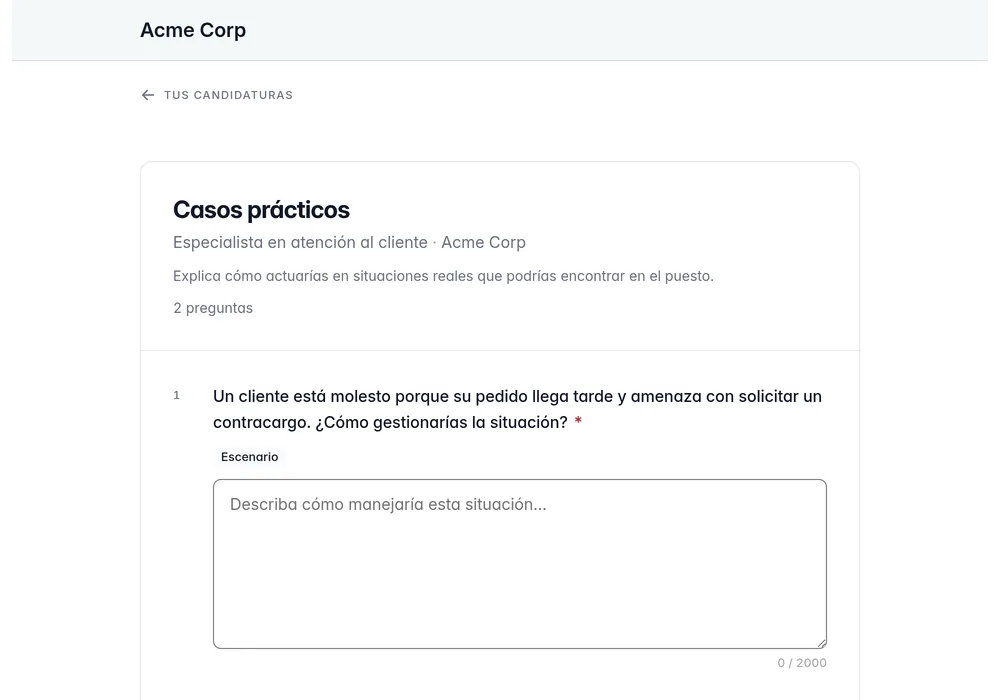 Portal del candidato con un cuestionario específico para el puesto y sus campos de respuesta.