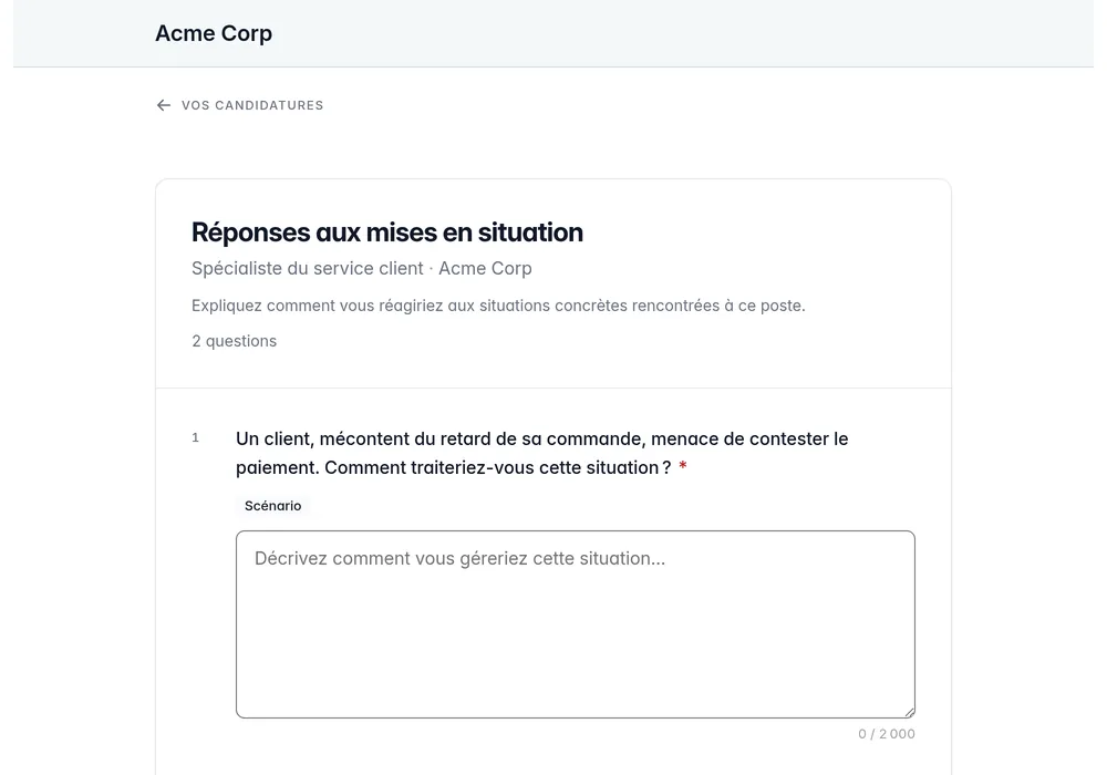 Portail candidat affichant un questionnaire propre au poste et les champs de réponse.