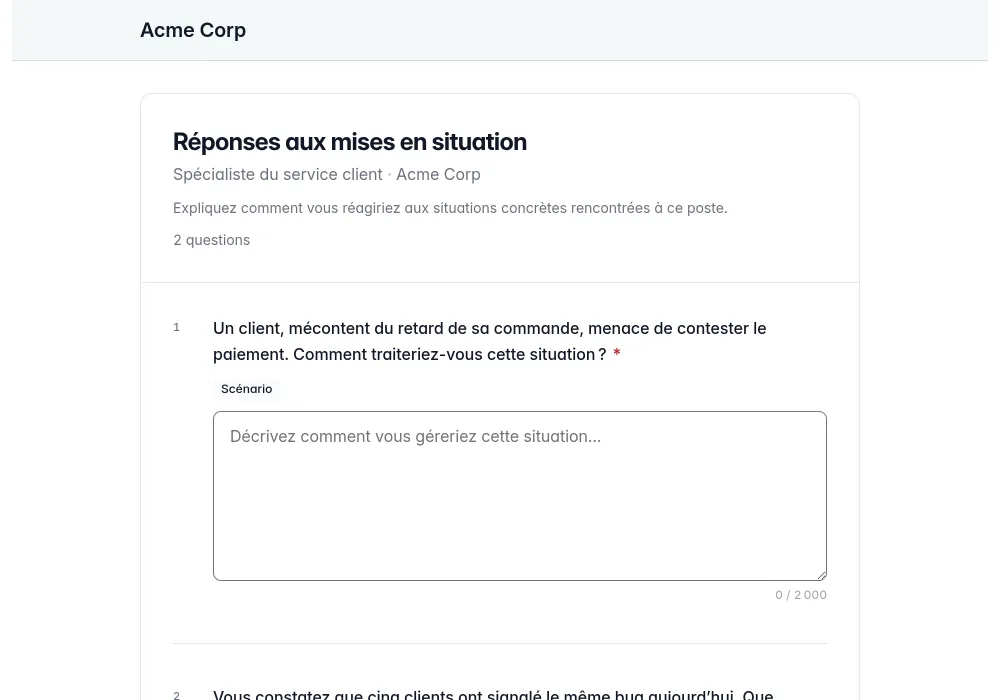 Un candidat répond dans le portail à un questionnaire propre au poste