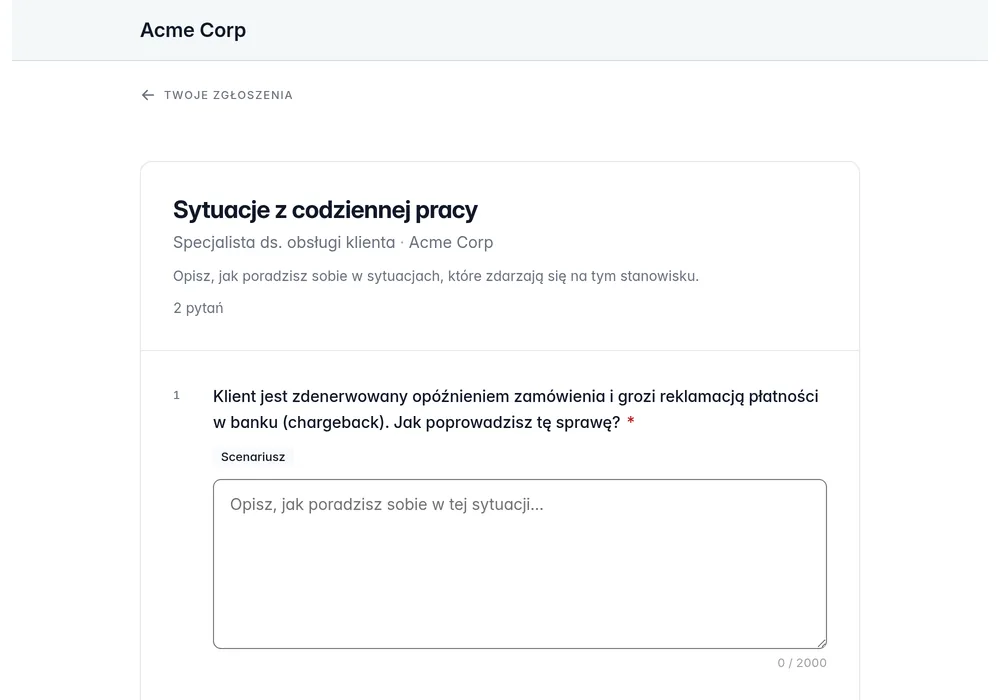 Portal kandydata z pytaniami dotyczącymi stanowiska i polami na odpowiedzi.
