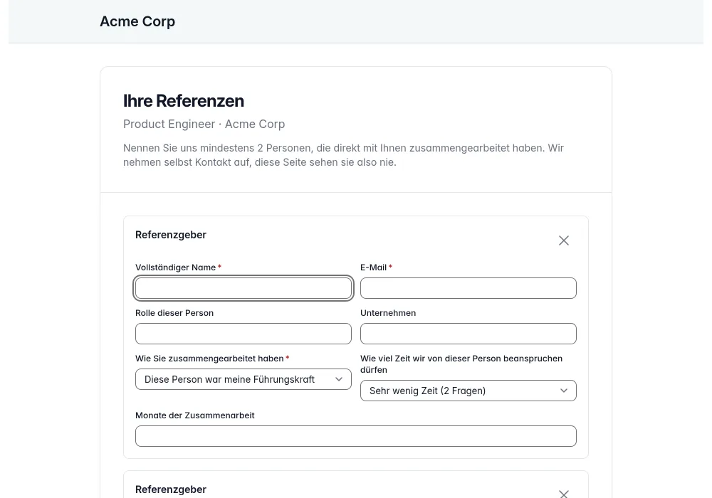 Ein Kandidat benennt Referenzpersonen und bestätigt seine Einwilligung