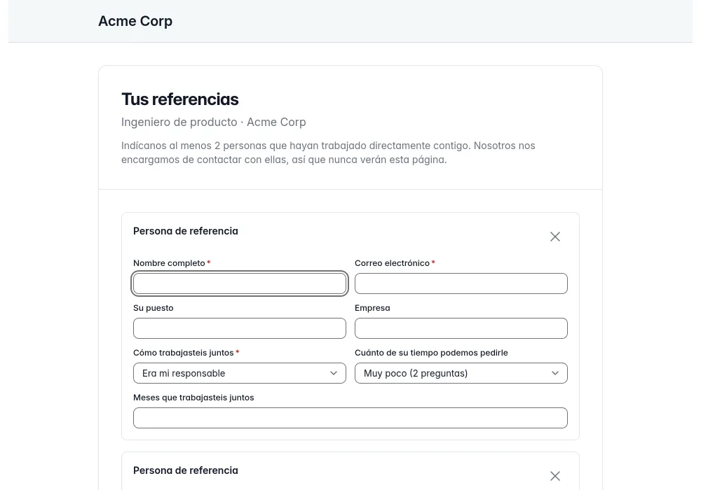 Un candidato indica sus referencias y confirma su consentimiento