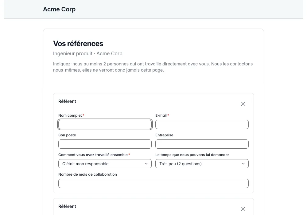 Un candidat indique les personnes à contacter pour ses références et confirme son consentement