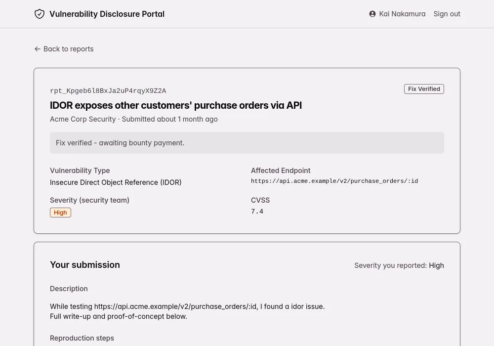 Kit vulnerability disclosure portal: an IDOR report marked Fix Verified with a $1,500 bounty, payment status pending payout, and buttons to update payout info or upload a tax document.