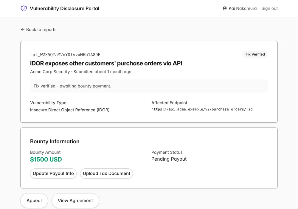 Security researcher's view of a submitted vulnerability report with its status and reply thread