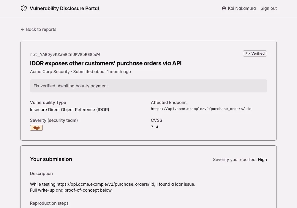 Kit vulnerability disclosure portal: an IDOR report marked Fix Verified with a $1,500 bounty, payment status pending payout, and buttons to update payout info or upload a tax document.