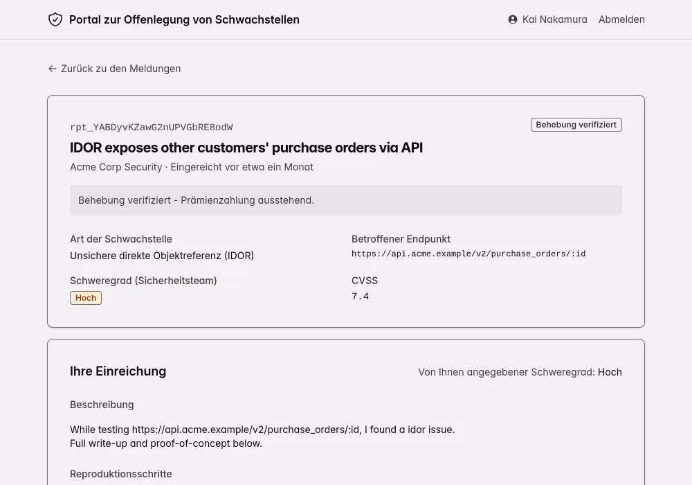 Kit-Portal zur Offenlegung von Schwachstellen: eine IDOR-Meldung mit dem Status „Fix bestätigt“ und einer Prämie von $1,500, Zahlungsstatus „Auszahlung ausstehend“, dazu Schaltflächen zum Aktualisieren der Auszahlungsdaten und zum Hochladen eines Steuerdokuments.