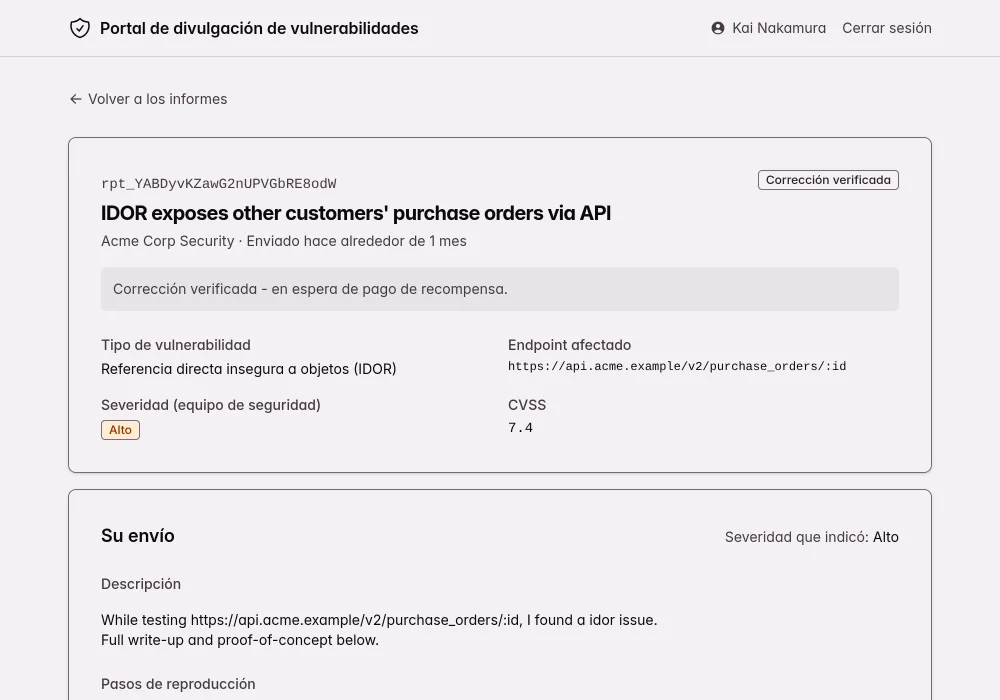 Portal de divulgación de vulnerabilidades de Kit: un informe de IDOR marcado como «Corrección verificada», con una recompensa de $1,500, el estado de pago pendiente de desembolso y botones para actualizar los datos de pago o subir un documento fiscal.