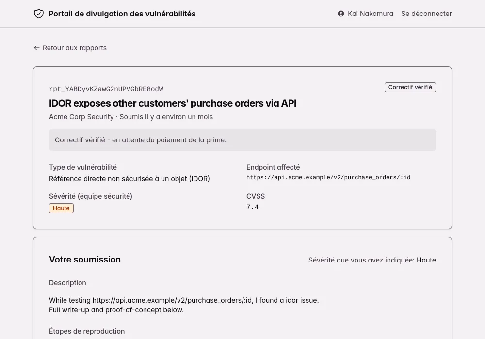 Portail de divulgation des vulnérabilités Kit : un rapport IDOR marqué « Correctif vérifié » avec une prime de $1,500, un statut de paiement « versement en attente », et des boutons pour mettre à jour les informations de versement ou envoyer un document fiscal.