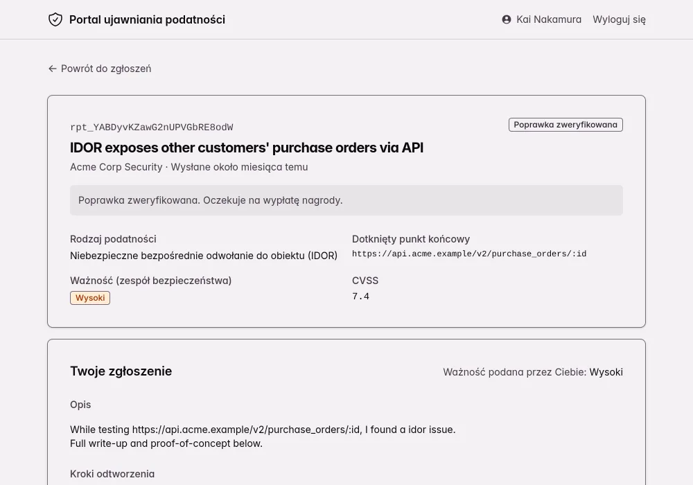 Portal ujawniania podatności Kit: zgłoszenie IDOR oznaczone jako „Poprawka zweryfikowana”, nagroda $1,500, status płatności „Oczekuje na wypłatę” oraz przyciski do aktualizacji danych wypłaty i wgrania dokumentu podatkowego.